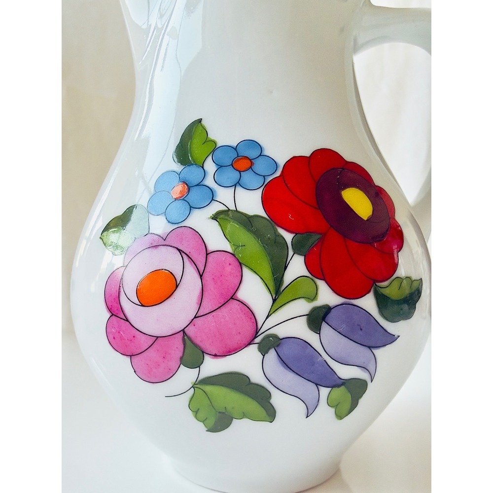 Vintage Kalocsa Hungary Hand-painted Porcelain Pitcher Folk Art Floral Gold Trim - Picture 5 of 12